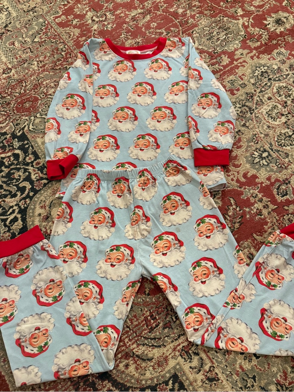 Kids Light Blue Santa Face Pajama Set with Red Trim